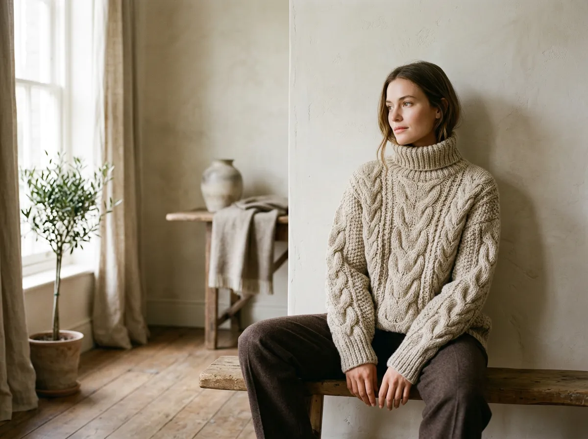 A cable-knit sweater on a model in a pale interior, shot for a new-season refresh