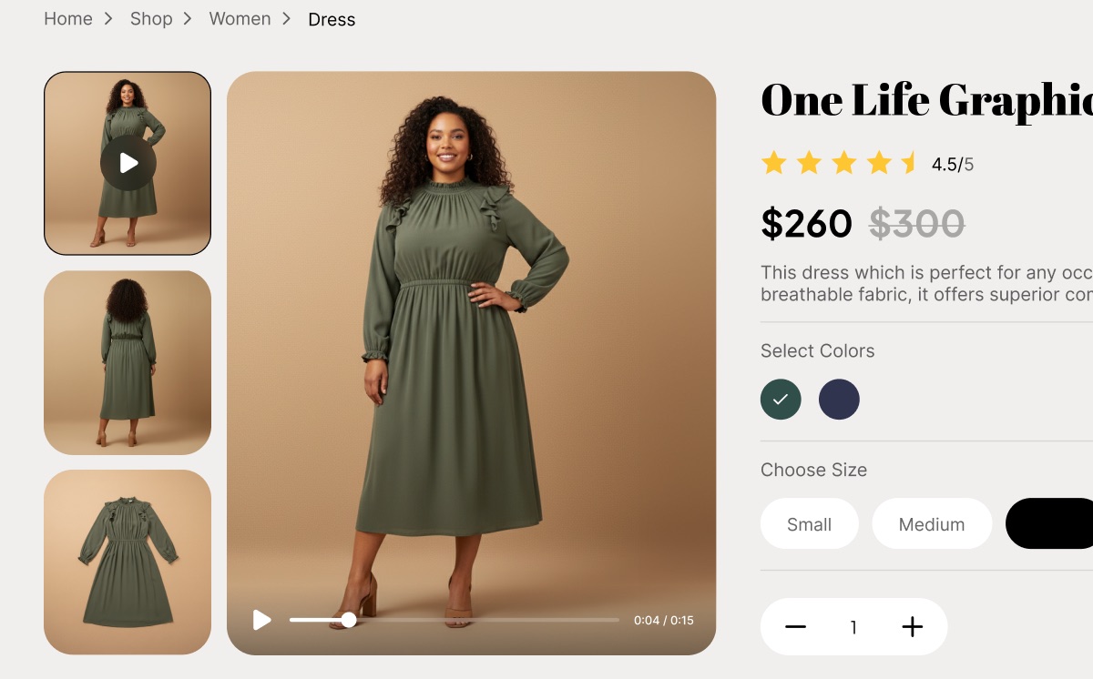 On-model render live on a storefront product page with size and color variants