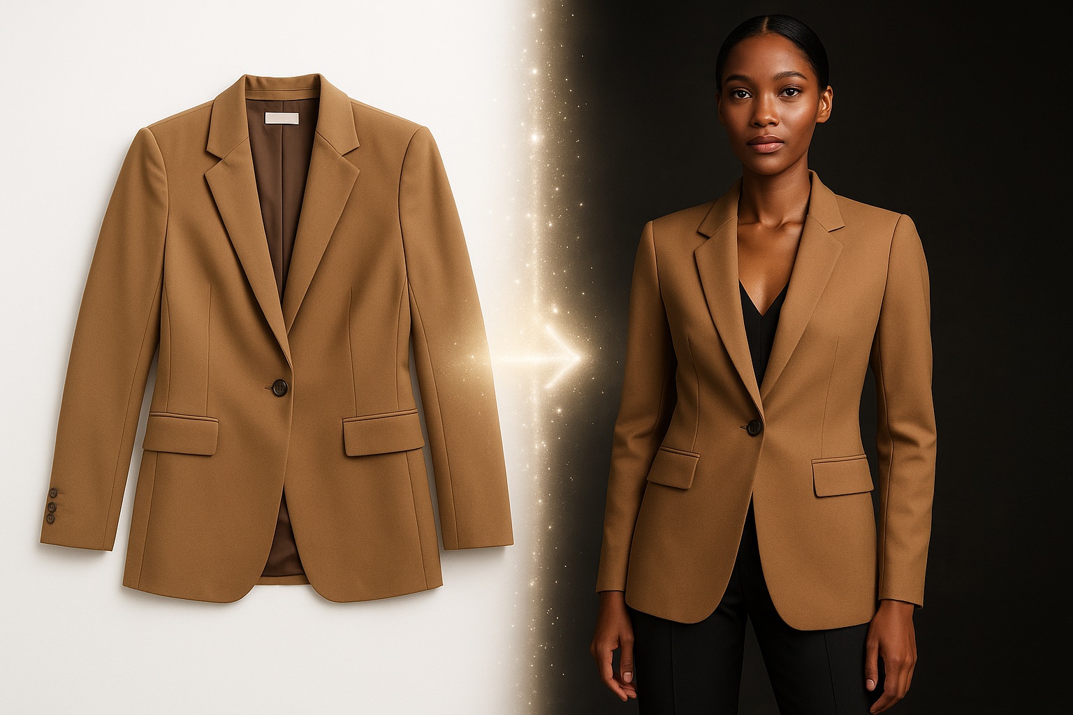 A flat-lay blazer transformed into an on-model studio photo