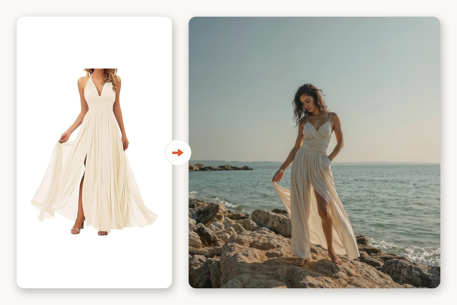 Before and after: a dress product photo transformed into a photoreal on-model shot by the sea