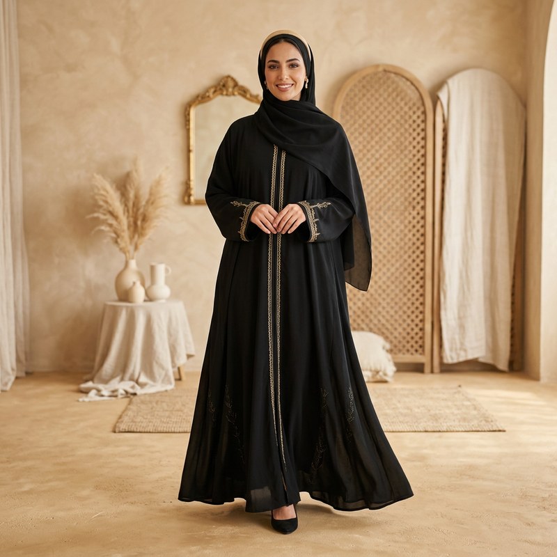 A smiling model in a black embroidered-trim abaya and matching headscarf, in a warm beige studio with a cane screen