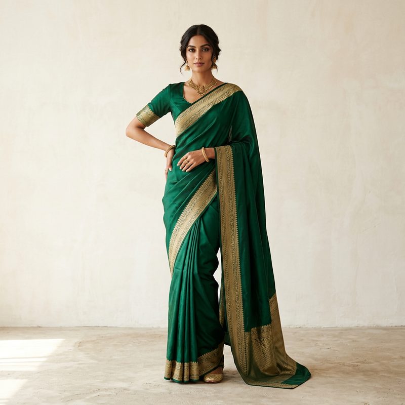A model in an emerald silk saree with a gold zari border, draped over the left shoulder, against a white wall