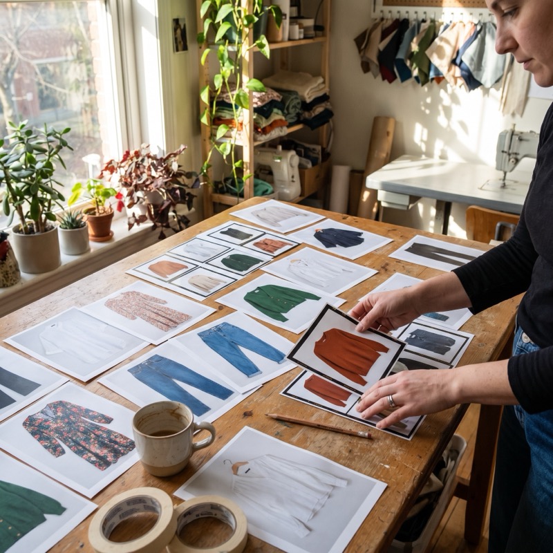 A person at a worktable reviewing printed product photos of garments laid out in a grid