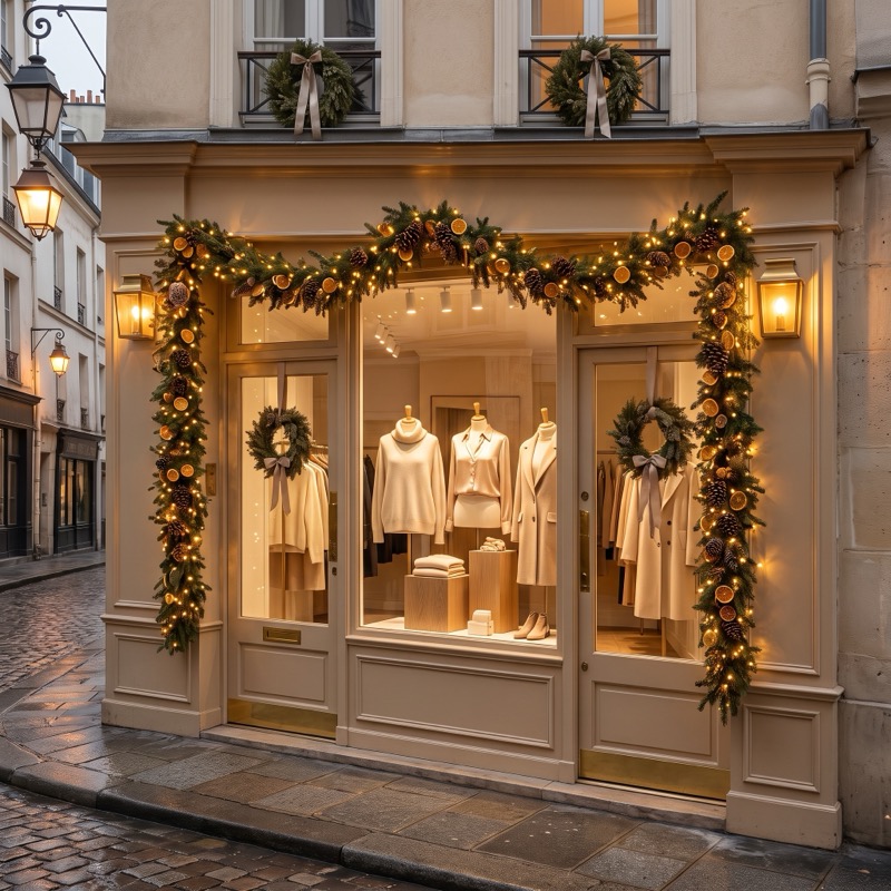 A boutique storefront dressed with Christmas garlands and lights, knitwear in the window