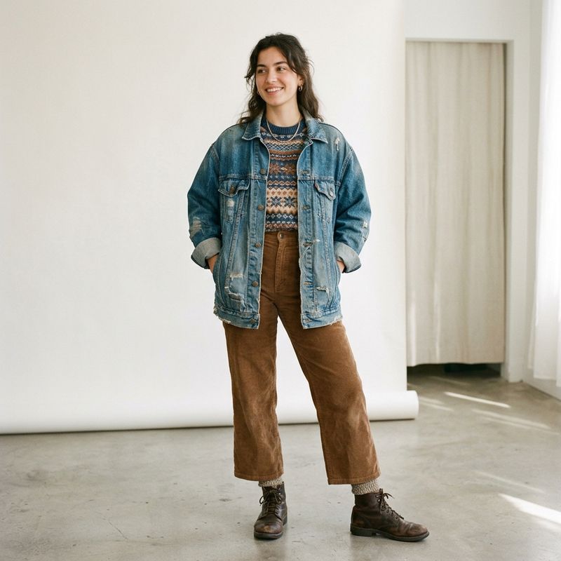A model in an oversized denim jacket, patterned jumper and brown corduroys, on a studio paper backdrop